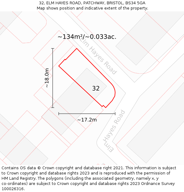 32, ELM HAYES ROAD, PATCHWAY, BRISTOL, BS34 5GA: Plot and title map