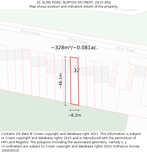 32, ELMS ROAD, BURTON-ON-TRENT, DE15 9AQ: Plot and title map