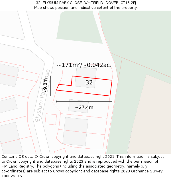 32, ELYSIUM PARK CLOSE, WHITFIELD, DOVER, CT16 2FJ: Plot and title map