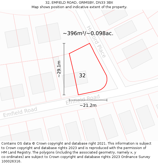 32, EMFIELD ROAD, GRIMSBY, DN33 3BX: Plot and title map