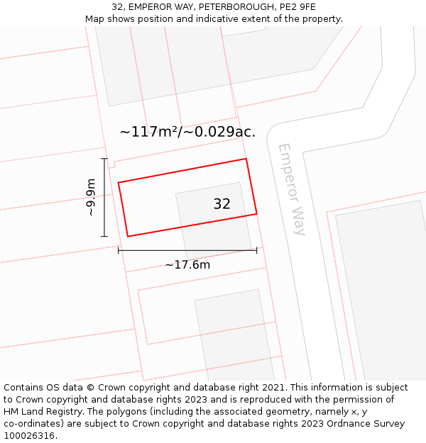 32, EMPEROR WAY, PETERBOROUGH, PE2 9FE: Plot and title map