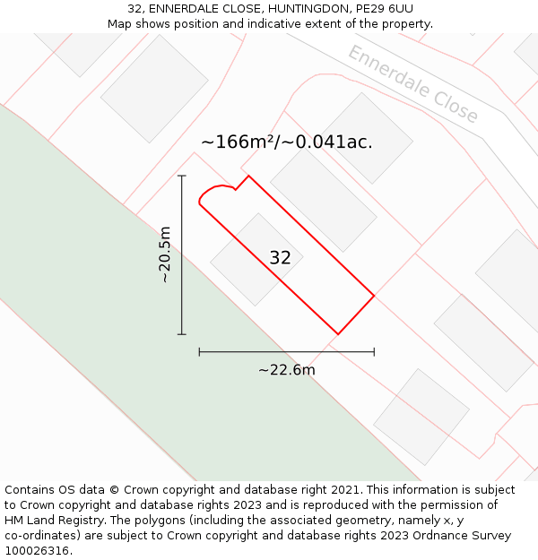 32, ENNERDALE CLOSE, HUNTINGDON, PE29 6UU: Plot and title map