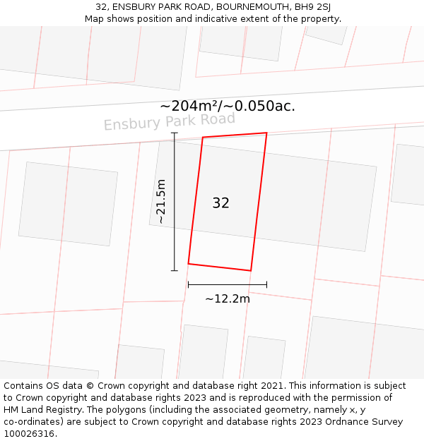 32, ENSBURY PARK ROAD, BOURNEMOUTH, BH9 2SJ: Plot and title map