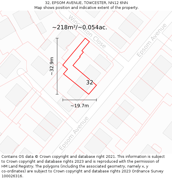 32, EPSOM AVENUE, TOWCESTER, NN12 6NN: Plot and title map