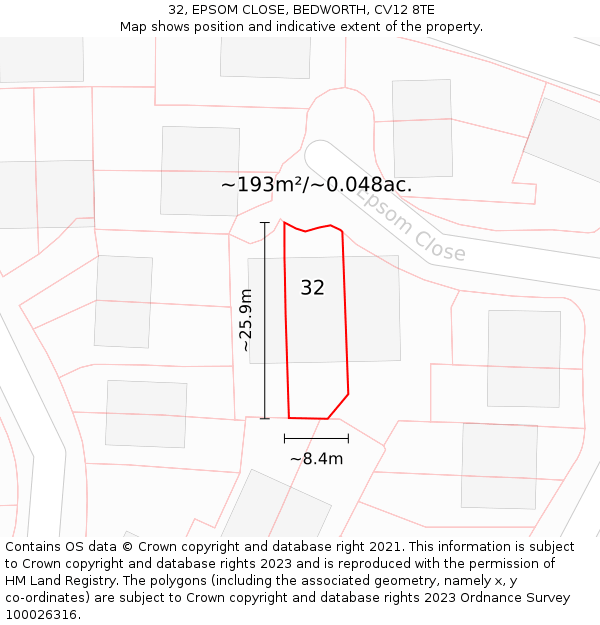32, EPSOM CLOSE, BEDWORTH, CV12 8TE: Plot and title map