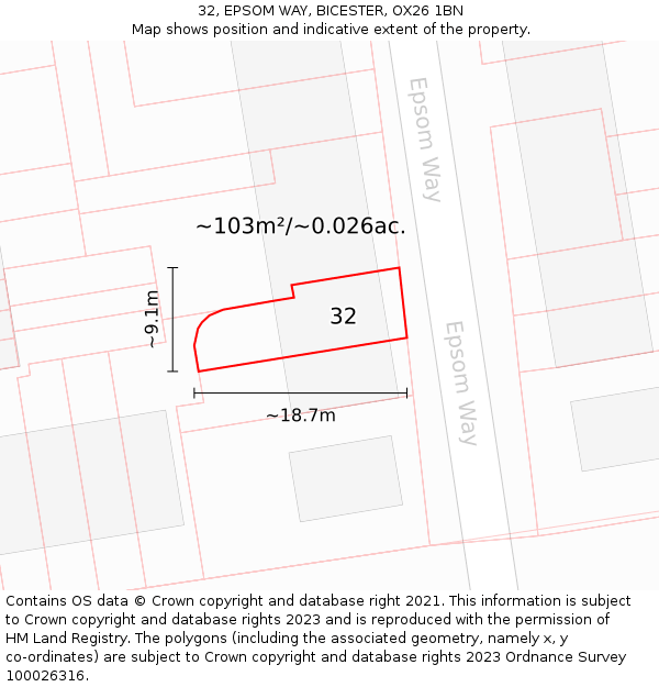 32, EPSOM WAY, BICESTER, OX26 1BN: Plot and title map