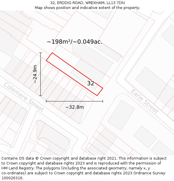 32, ERDDIG ROAD, WREXHAM, LL13 7DN: Plot and title map