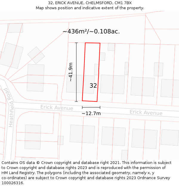 32, ERICK AVENUE, CHELMSFORD, CM1 7BX: Plot and title map