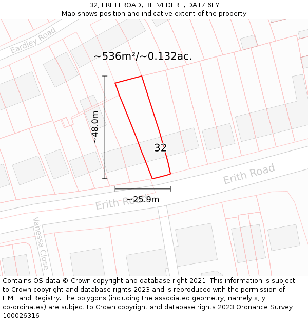 32, ERITH ROAD, BELVEDERE, DA17 6EY: Plot and title map