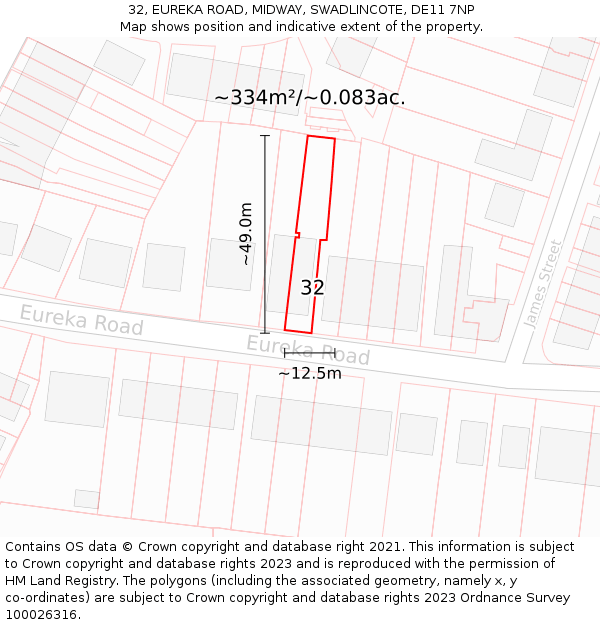 32, EUREKA ROAD, MIDWAY, SWADLINCOTE, DE11 7NP: Plot and title map