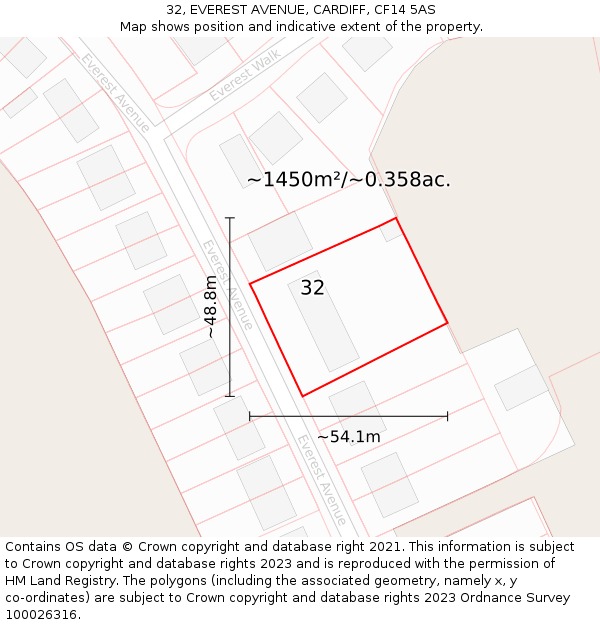 32, EVEREST AVENUE, CARDIFF, CF14 5AS: Plot and title map