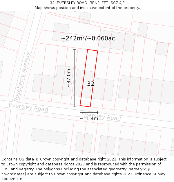 32, EVERSLEY ROAD, BENFLEET, SS7 4JE: Plot and title map