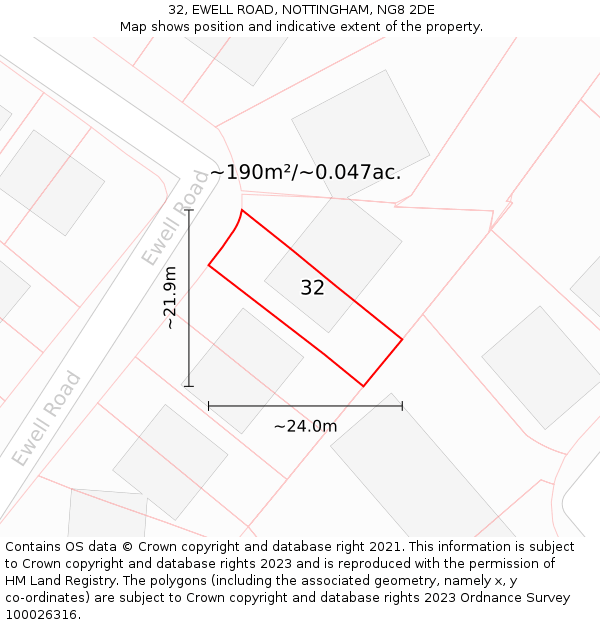 32, EWELL ROAD, NOTTINGHAM, NG8 2DE: Plot and title map