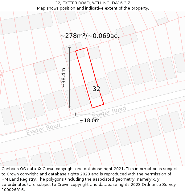 32, EXETER ROAD, WELLING, DA16 3JZ: Plot and title map