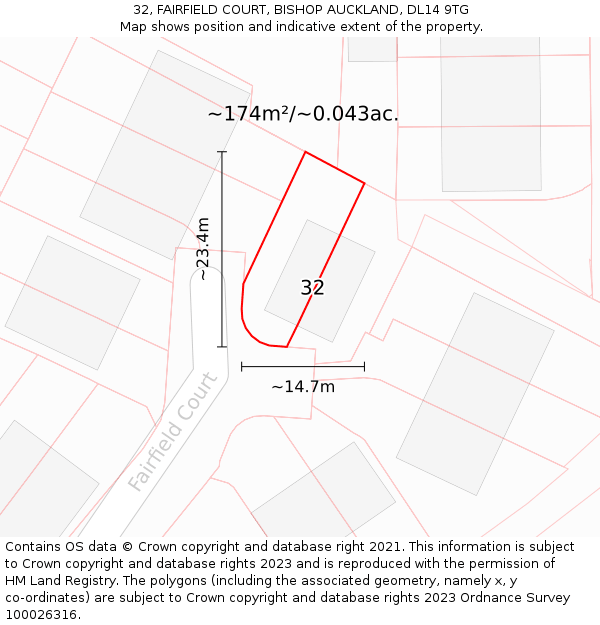 32, FAIRFIELD COURT, BISHOP AUCKLAND, DL14 9TG: Plot and title map