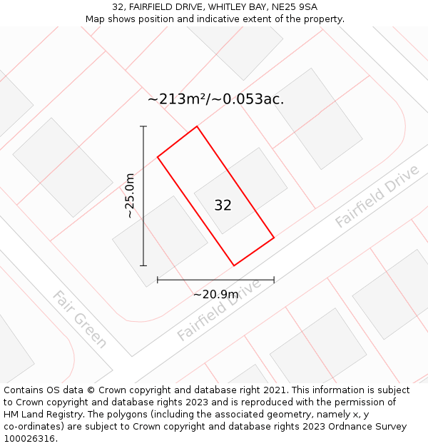 32, FAIRFIELD DRIVE, WHITLEY BAY, NE25 9SA: Plot and title map