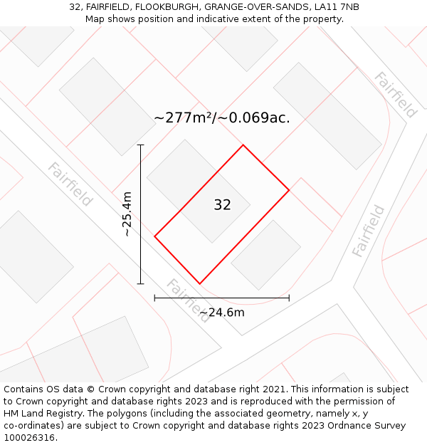 32, FAIRFIELD, FLOOKBURGH, GRANGE-OVER-SANDS, LA11 7NB: Plot and title map