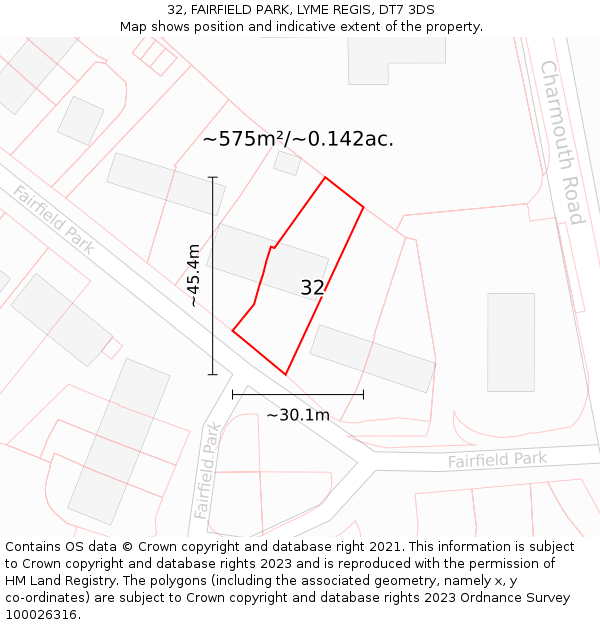 32, FAIRFIELD PARK, LYME REGIS, DT7 3DS: Plot and title map