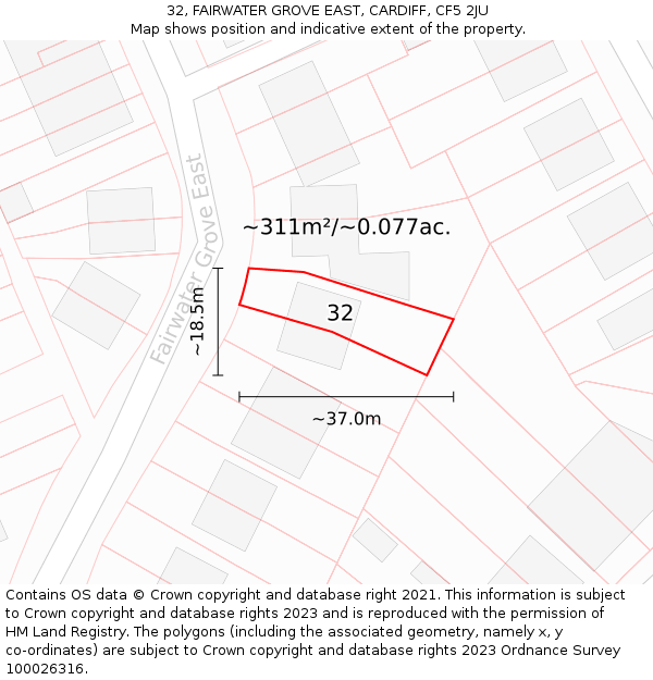 32, FAIRWATER GROVE EAST, CARDIFF, CF5 2JU: Plot and title map
