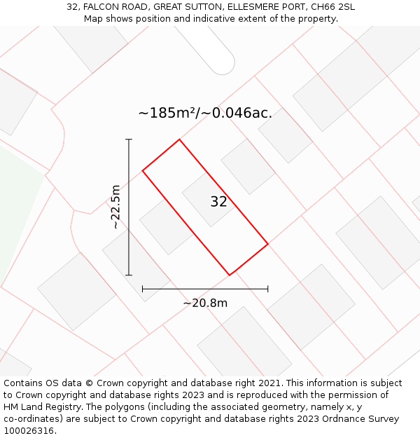 32, FALCON ROAD, GREAT SUTTON, ELLESMERE PORT, CH66 2SL: Plot and title map