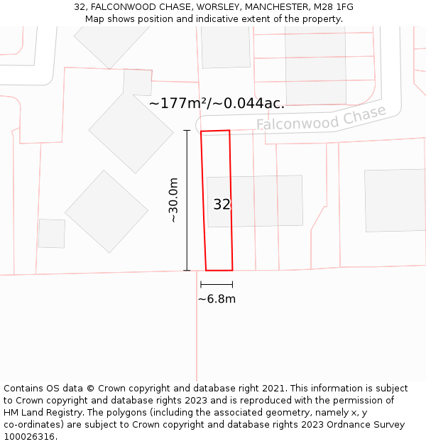 32, FALCONWOOD CHASE, WORSLEY, MANCHESTER, M28 1FG: Plot and title map