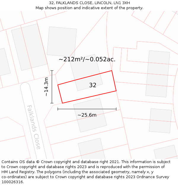 32, FALKLANDS CLOSE, LINCOLN, LN1 3XH: Plot and title map