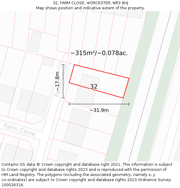 32, FARM CLOSE, WORCESTER, WR3 8HJ: Plot and title map