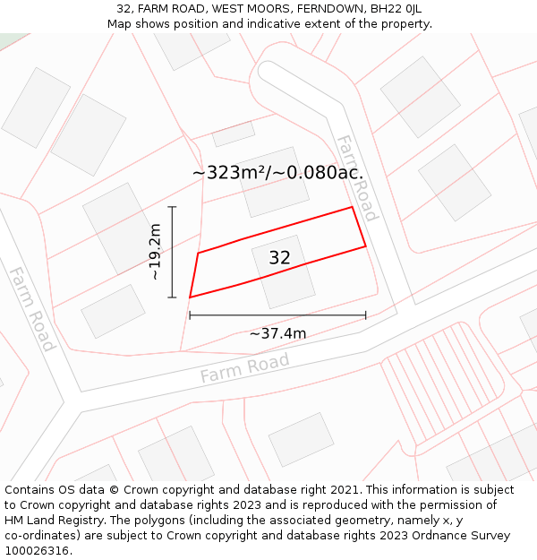 32, FARM ROAD, WEST MOORS, FERNDOWN, BH22 0JL: Plot and title map