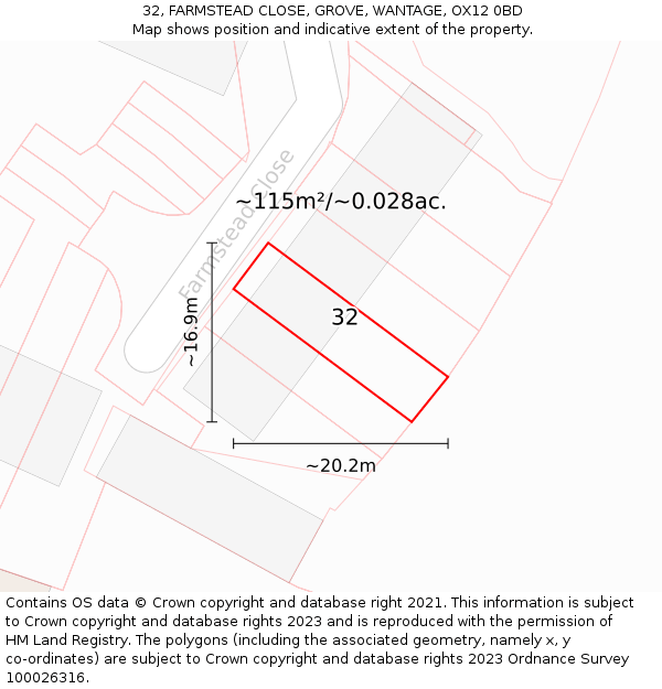 32, FARMSTEAD CLOSE, GROVE, WANTAGE, OX12 0BD: Plot and title map