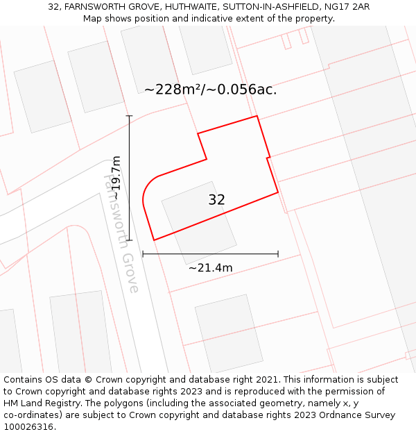 32, FARNSWORTH GROVE, HUTHWAITE, SUTTON-IN-ASHFIELD, NG17 2AR: Plot and title map
