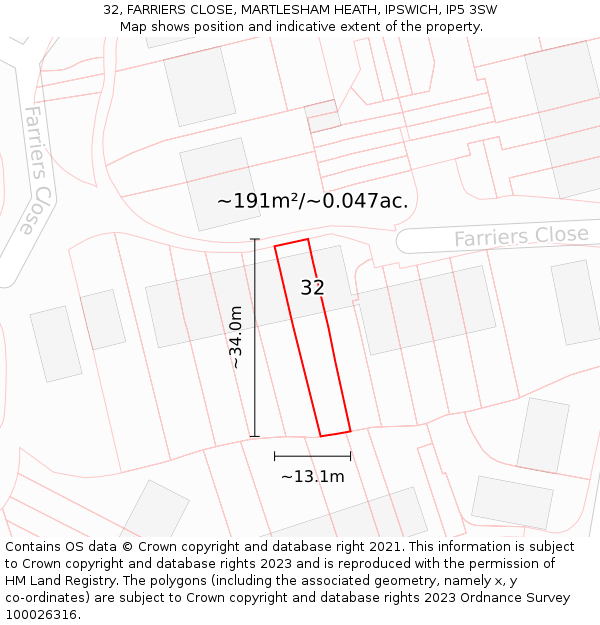 32, FARRIERS CLOSE, MARTLESHAM HEATH, IPSWICH, IP5 3SW: Plot and title map