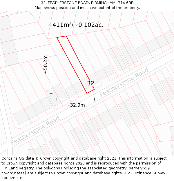 32, FEATHERSTONE ROAD, BIRMINGHAM, B14 6BB: Plot and title map