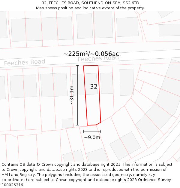 32, FEECHES ROAD, SOUTHEND-ON-SEA, SS2 6TD: Plot and title map