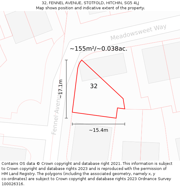 32, FENNEL AVENUE, STOTFOLD, HITCHIN, SG5 4LJ: Plot and title map