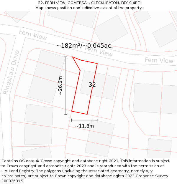 32, FERN VIEW, GOMERSAL, CLECKHEATON, BD19 4PE: Plot and title map