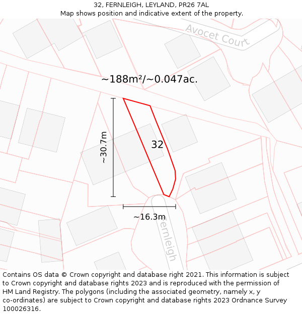 32, FERNLEIGH, LEYLAND, PR26 7AL: Plot and title map