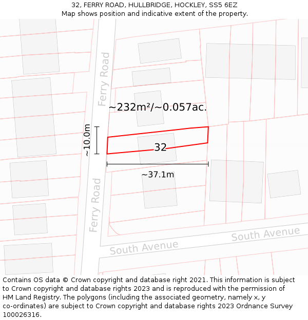 32, FERRY ROAD, HULLBRIDGE, HOCKLEY, SS5 6EZ: Plot and title map