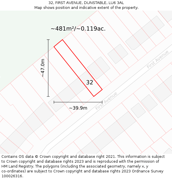 32, FIRST AVENUE, DUNSTABLE, LU6 3AL: Plot and title map