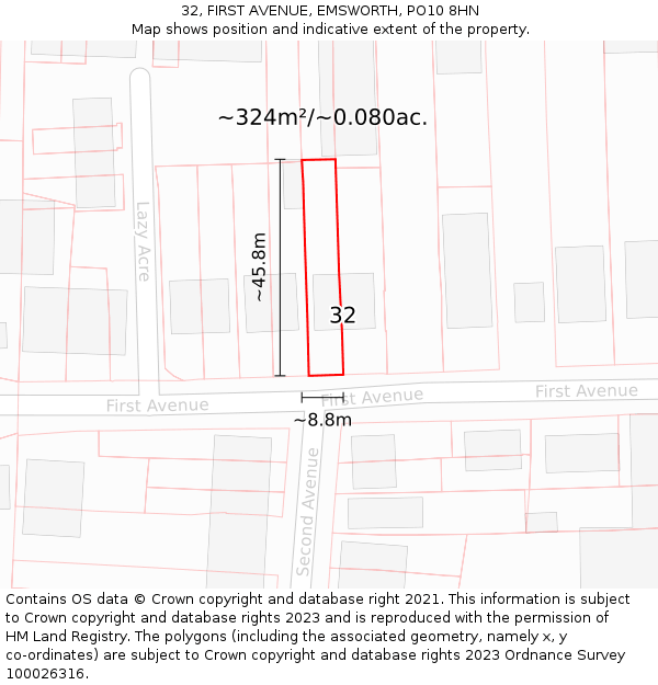 32, FIRST AVENUE, EMSWORTH, PO10 8HN: Plot and title map