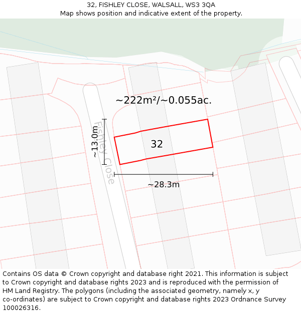 32, FISHLEY CLOSE, WALSALL, WS3 3QA: Plot and title map