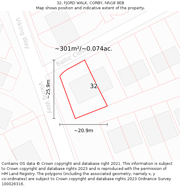 32, FJORD WALK, CORBY, NN18 9EB: Plot and title map