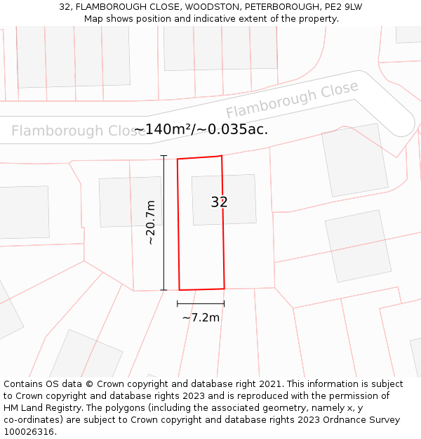 32, FLAMBOROUGH CLOSE, WOODSTON, PETERBOROUGH, PE2 9LW: Plot and title map
