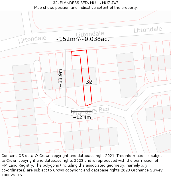 32, FLANDERS RED, HULL, HU7 4WF: Plot and title map