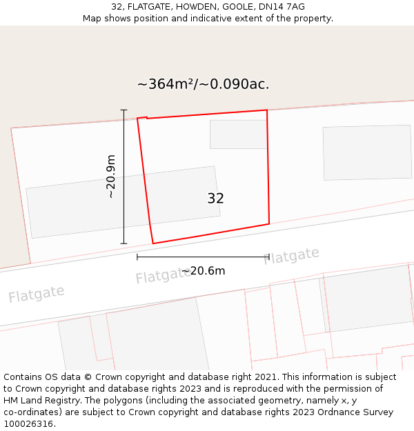 32, FLATGATE, HOWDEN, GOOLE, DN14 7AG: Plot and title map