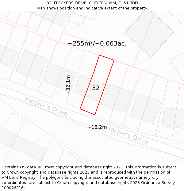 32, FLECKERS DRIVE, CHELTENHAM, GL51 3BD: Plot and title map