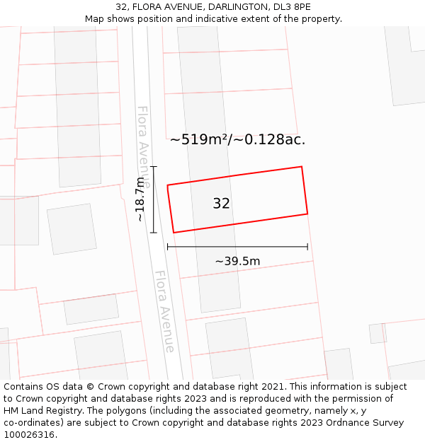 32, FLORA AVENUE, DARLINGTON, DL3 8PE: Plot and title map
