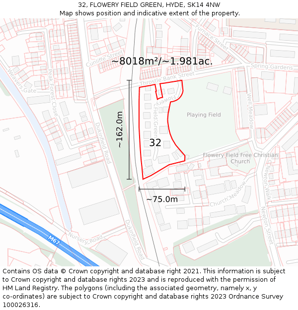 32, FLOWERY FIELD GREEN, HYDE, SK14 4NW: Plot and title map