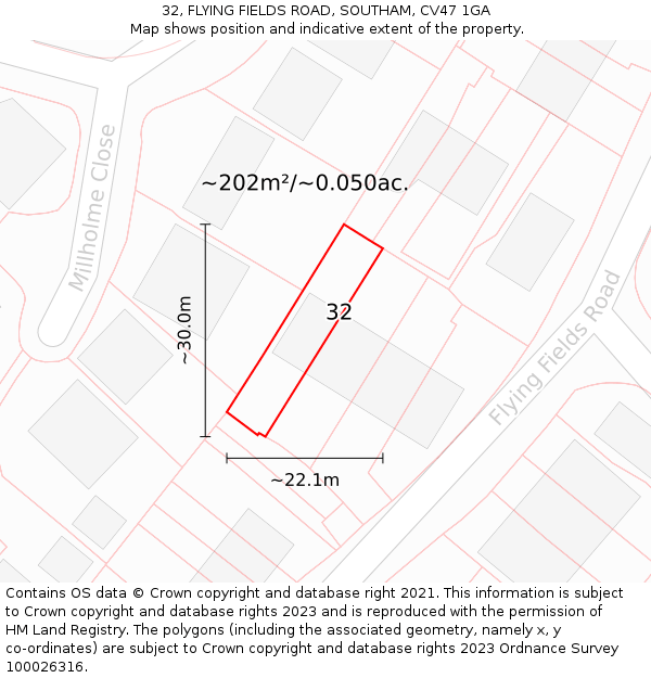 32, FLYING FIELDS ROAD, SOUTHAM, CV47 1GA: Plot and title map