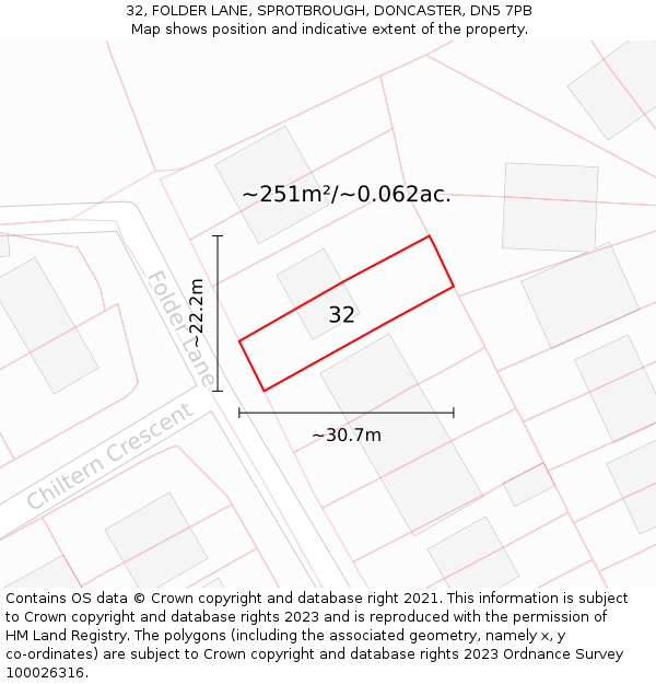 32, FOLDER LANE, SPROTBROUGH, DONCASTER, DN5 7PB: Plot and title map