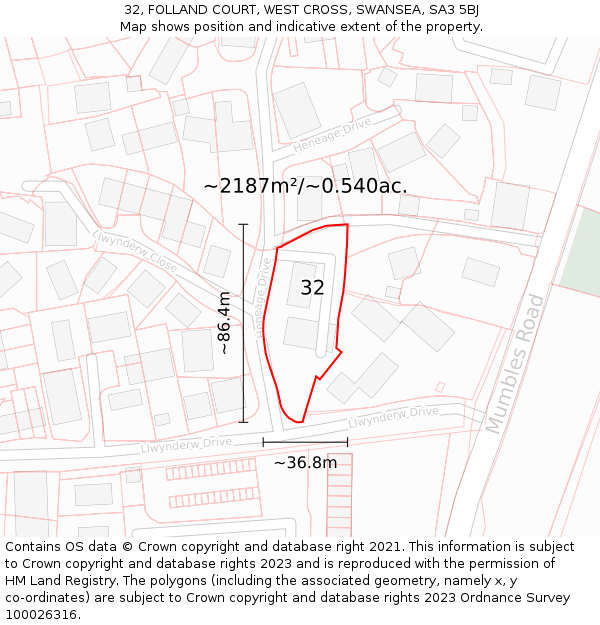 32, FOLLAND COURT, WEST CROSS, SWANSEA, SA3 5BJ: Plot and title map